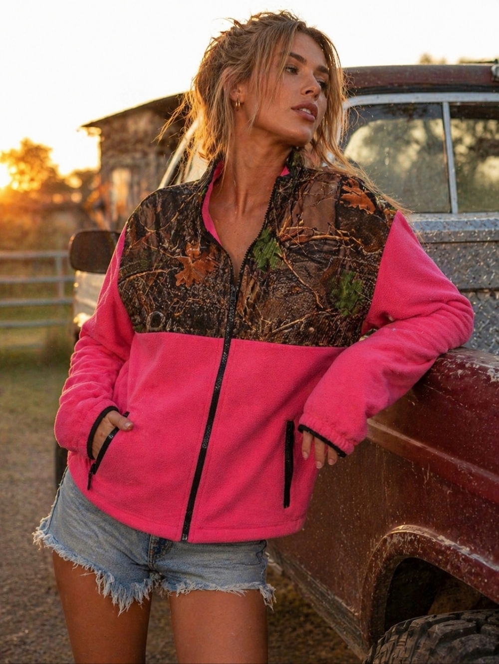 TRAIL CREST Jacket Womens Large Pink Camo Fleece Hunting Country Core Outdoor